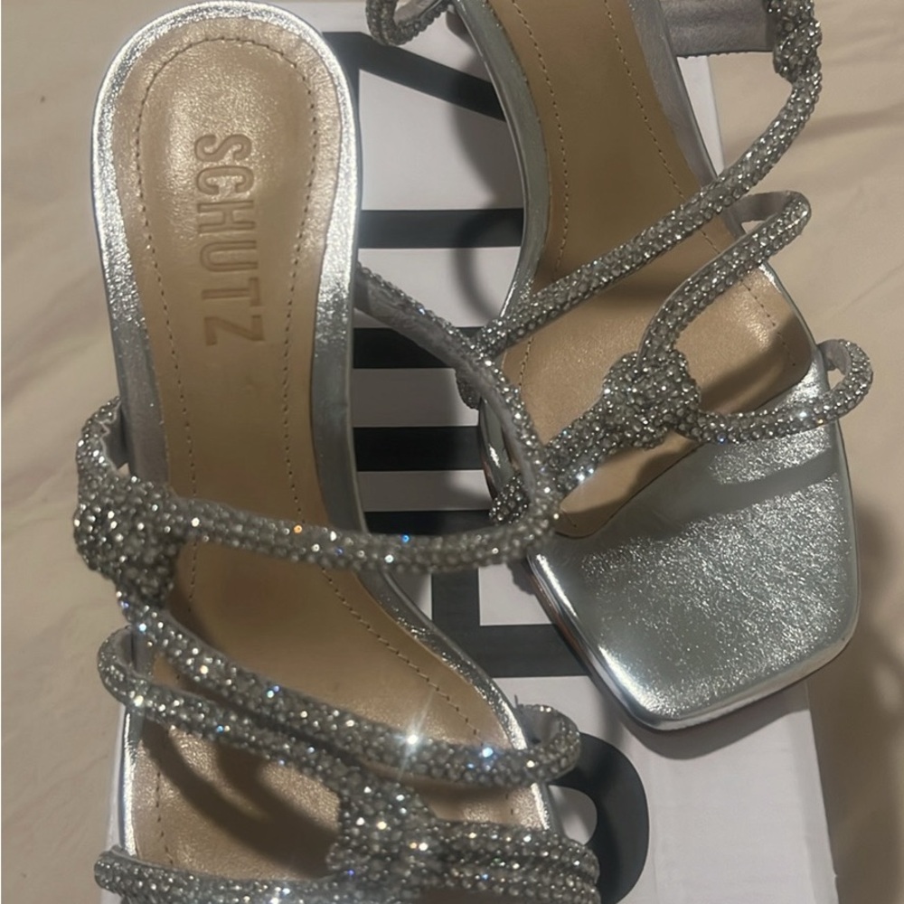 SCHUTZ Glittering Silver Strappy Heels